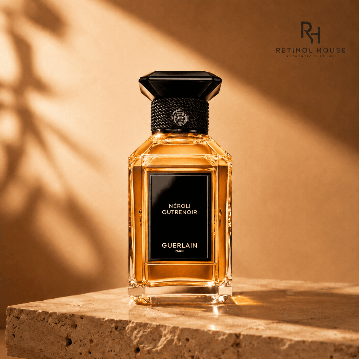 Golden light hitting a glass perfume bottle